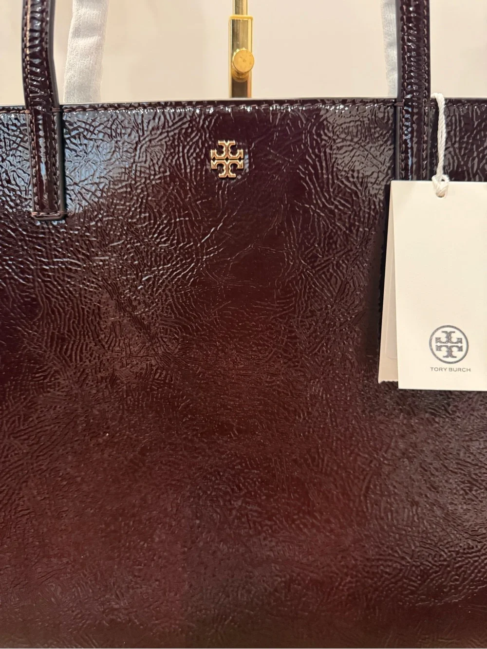 Tory Burch Patent Leather Shoulder Tote in Deep Burgundy